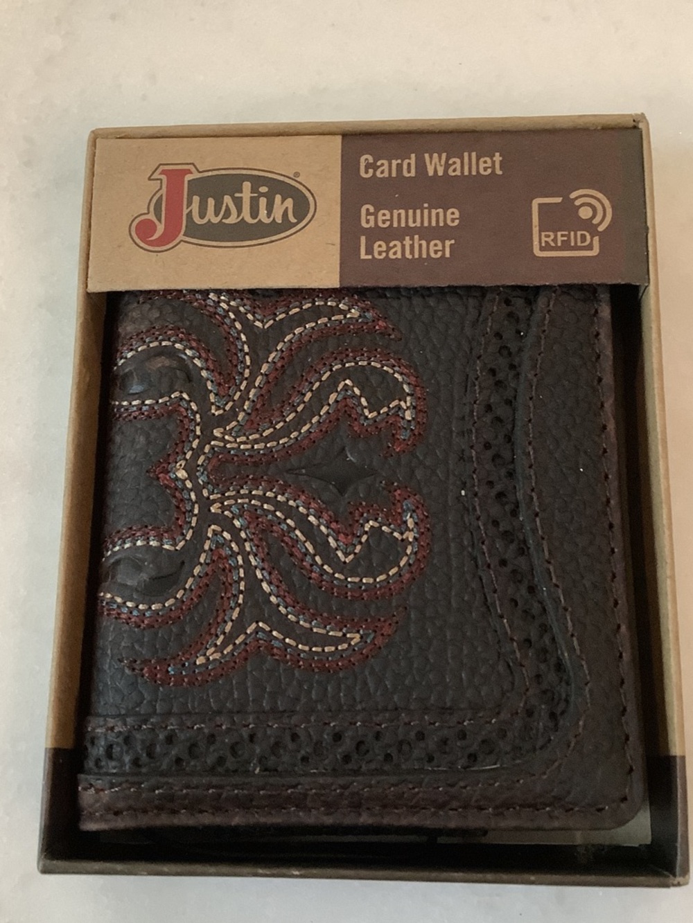 Justin Boots Brown Leather Card Wallet with Embroidered Accent, Brand New
